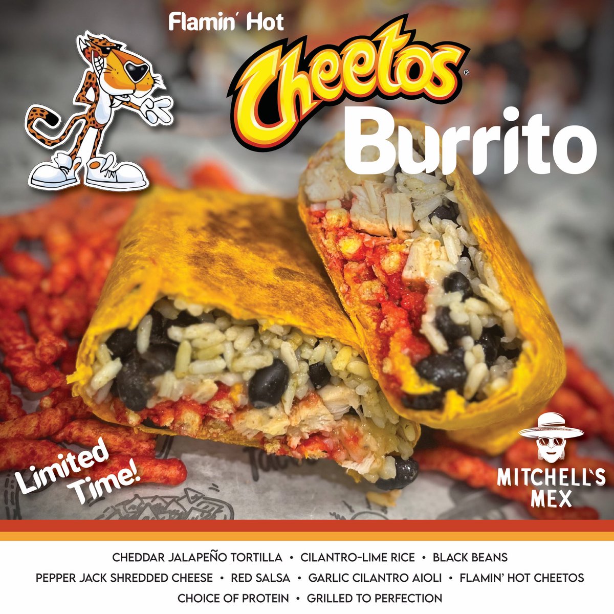 🌵Seeking something to SPICE up your February?! 🌶️🧀 Introducing the Flamin’ Hot CHEETOS Burrito!! 🌯 Grab your friends and come give your taste buds a treat! 🤠 Available at either location for a limited time… 🪇🐆