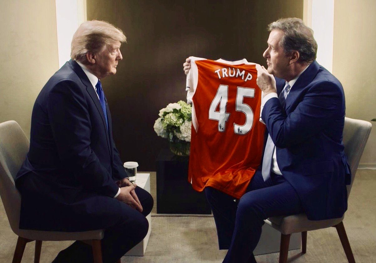 piersmorgan's tweet photo. Given our abject failure to sign a new striker, I’ve gone and signed us one myself. He’s promised to Make Arsenal Great Again. ⁦@realDonaldTrump⁩ https://t.co/3eexSZnpTy