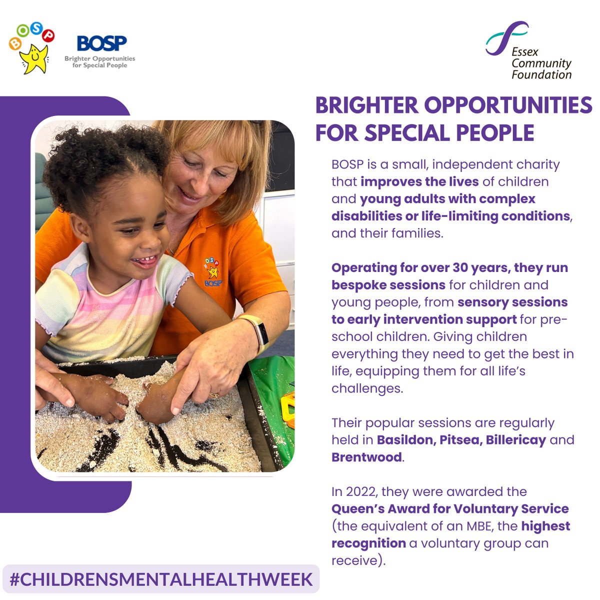 This #ChildrensMentalHealthWeek, we want to spotlight some of the great Essex charities that are improving the lives of children and young people. 

Today, we feature Brighter Opportunities for Special People (BOSP). #MentalHealthMatters 🫶