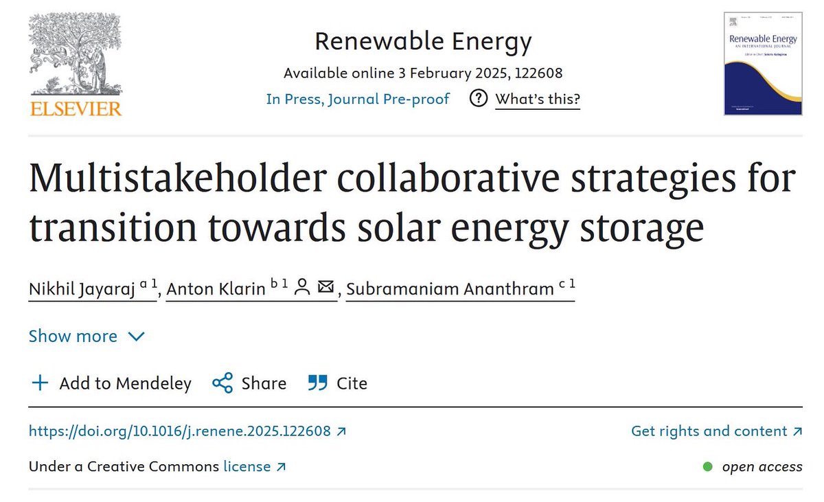 nikh85jay's tweet photo. My latest research, "Multistakeholder Collaborative Strategies for Transition Towards Solar Energy Storage," is now published in Renewable Energy (Elsevier, Q1, Impact Factor: 9).
The study explores how collaboration between key stakeholders—manufacturers, policymakers, utilities, and installers—can accelerate solar energy storage adoption and drive a sustainable energy future.

Access the full paper here:  https://t.co/1rF89XIE8S 

#RenewableEnergy #SolarStorage #EnergyTransition #Sustainability #CleanEnergy #Innovation #GreenFuture