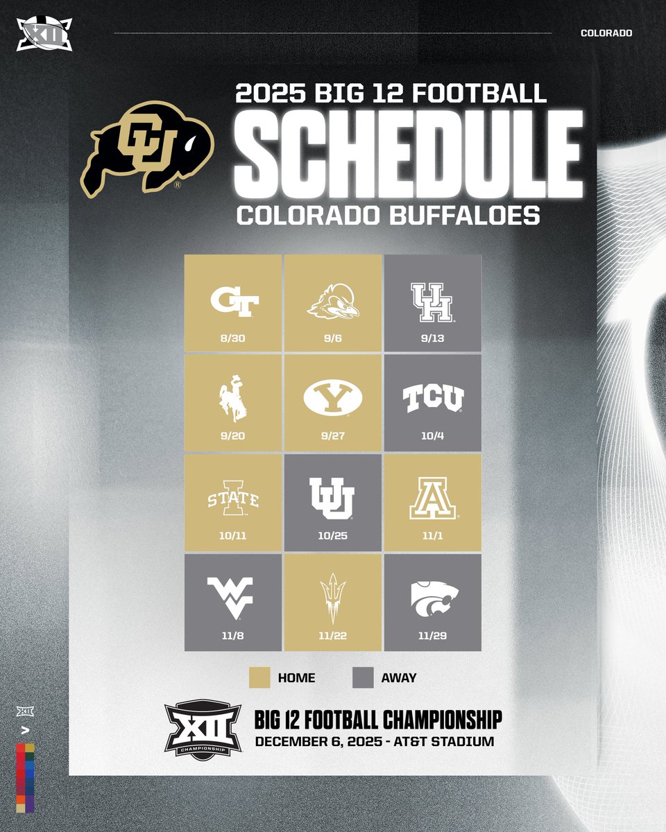 Big 12 Conference (@big12conference) on Twitter photo 2025 Big 12 Football Schedule Release 🏈🗓️
Colorado Buffaloes | <a href="/CUBuffsFootball/">Colorado Buffaloes Football</a> 2025 Big 12 Football Schedule Release 🏈🗓️
Colorado Buffaloes | <a href="/CUBuffsFootball/">Colorado Buffaloes Football</a>