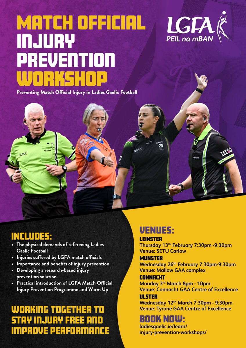 Match Official Injury Prevention Workshop
26th February Mallow GAA &amp; Sports Complex

Click link below to book your place on one of these courses. 
universe.com/users/lgfa-dev…