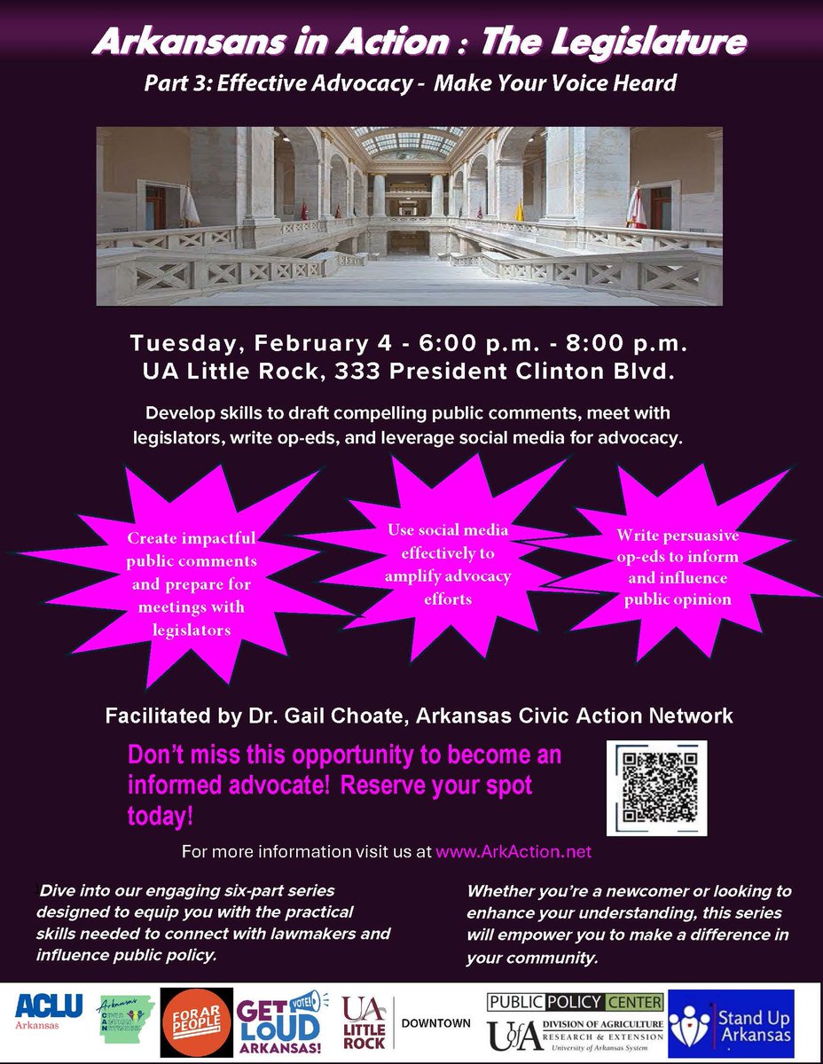 Join the Arkansas Civic Action Network at Downtown tonight for session 3 of their series Arkansas in Action: The Legislature - Effective Advocacy.