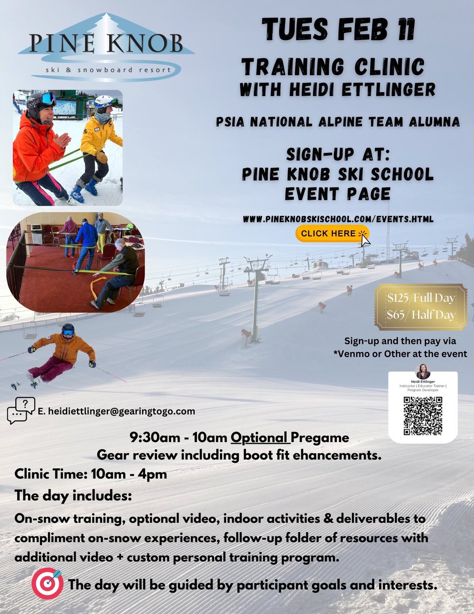 PineKnobSkiing's tweet image. 📣 Heidi's On-Snow Clinic - Feb 11, 2025! 📣 Mark your calendars! 🌟 New skiers, PSIA certs, or looking to improve? Heidi's got you covered. 🎿 Early boot fitting at 9:30 AM. 🚨 Space is limited! Don't miss out! 
#SkiMichigan #SkiClinic #PSIA #ProfessionalDevelopment  🧵
