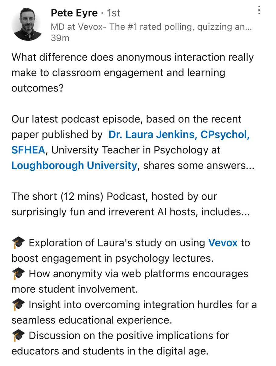 Have a listen to the 12-minute podcast that discusses the paper we wrote about using <a href="/VevoxApp/">Vevox</a> in our psychology teaching 😀🥳 #learning #teaching #engagement 

Listen on YouTube 👇

m.youtube.com/watch?v=9JDBWd…

Or Spotify 👇

open.spotify.com/episode/4HPMMo…