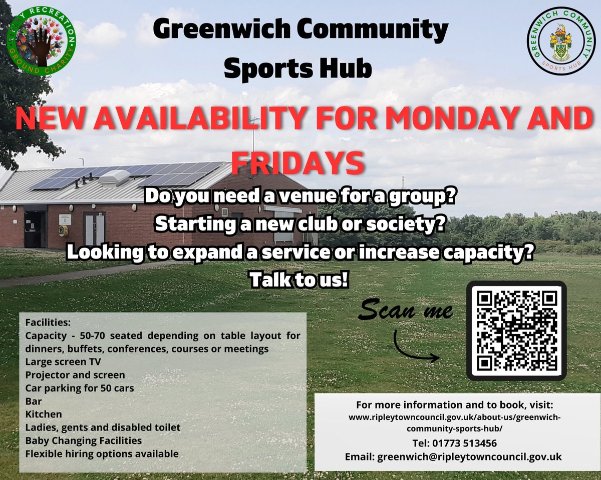 Exciting news coming in at Greenwich Community Sports Hub!
We have great new availability to hire our venue on Mondays and Fridays.

Please contact us for more information.

#AmberValley #Derbyshire #Ripley #community #hireus #venues #derbyshirehire #sports #Ripley
