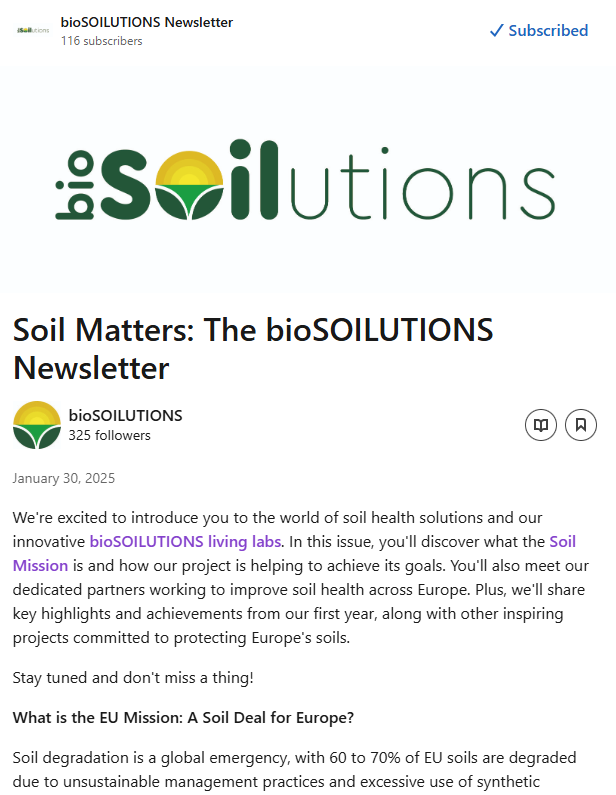 🔔 Soil Matters: The bioSOILUTIONS Newletter is out!

Don't miss key highlights and achievements from our first year, along with other inspiring projects committed to protecting Europe's soils

👀Check it here: linkedin.com/feed/update/ur…