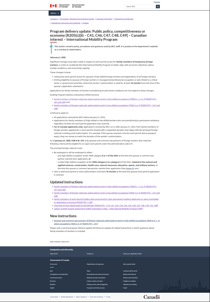 TTRRMK's tweet photo. Program delivery update:  Public policy, competitiveness or economy [R205(c)(ii) – C41, C46, C47,  C48, C49] – Significant changes have been made in respect to work permit access for family members of temporary foreign workers #Spouses #OWP https://t.co/0QAjuA4Rvv https://t.co/R2lfIOeJfD