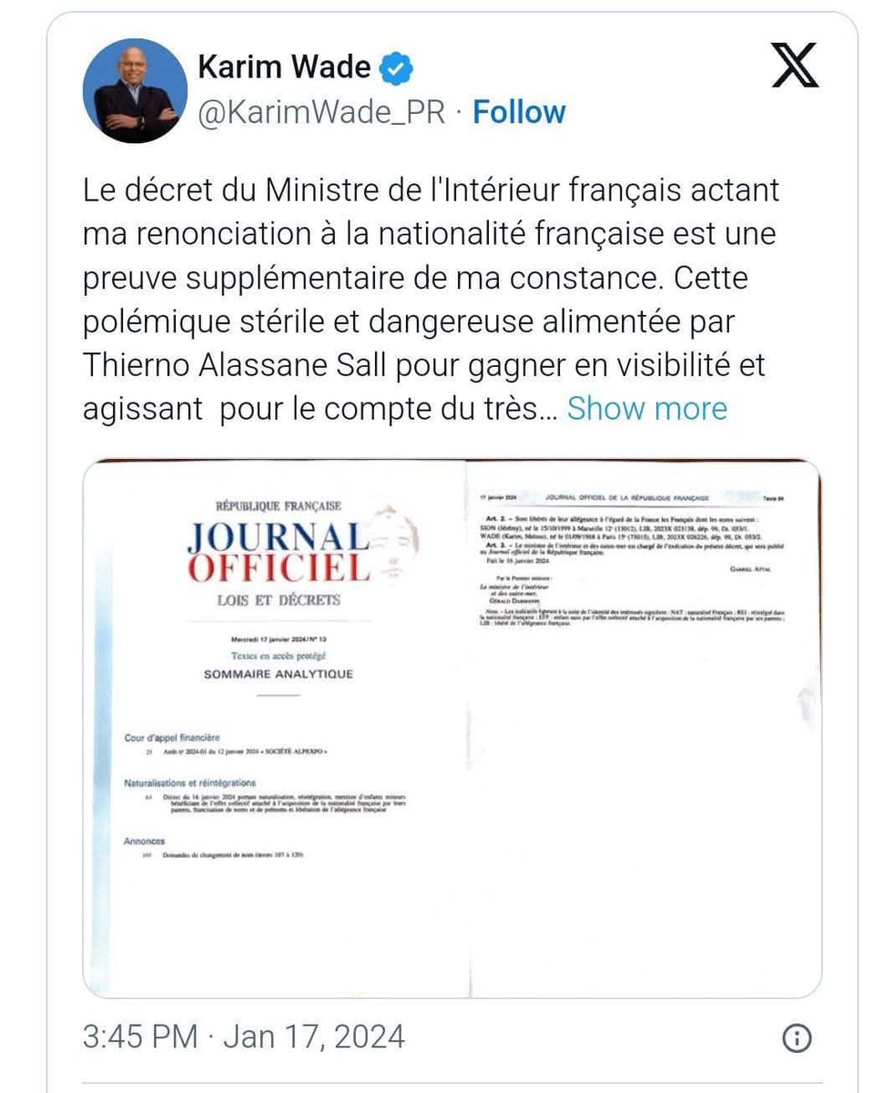 Ivoirowsky's tweet photo. Donc toute la Cotedivoire attend la renonciation de la nationalité française du candidat du #Pdci , Tidjane  #Thiam comme l'a fait #KarimWade au #Senegal. 
Arthur #Banga a créée quelques choses. La nationalité française vaut de l'or en Afrique 😂 https://t.co/M97pUjg1DF