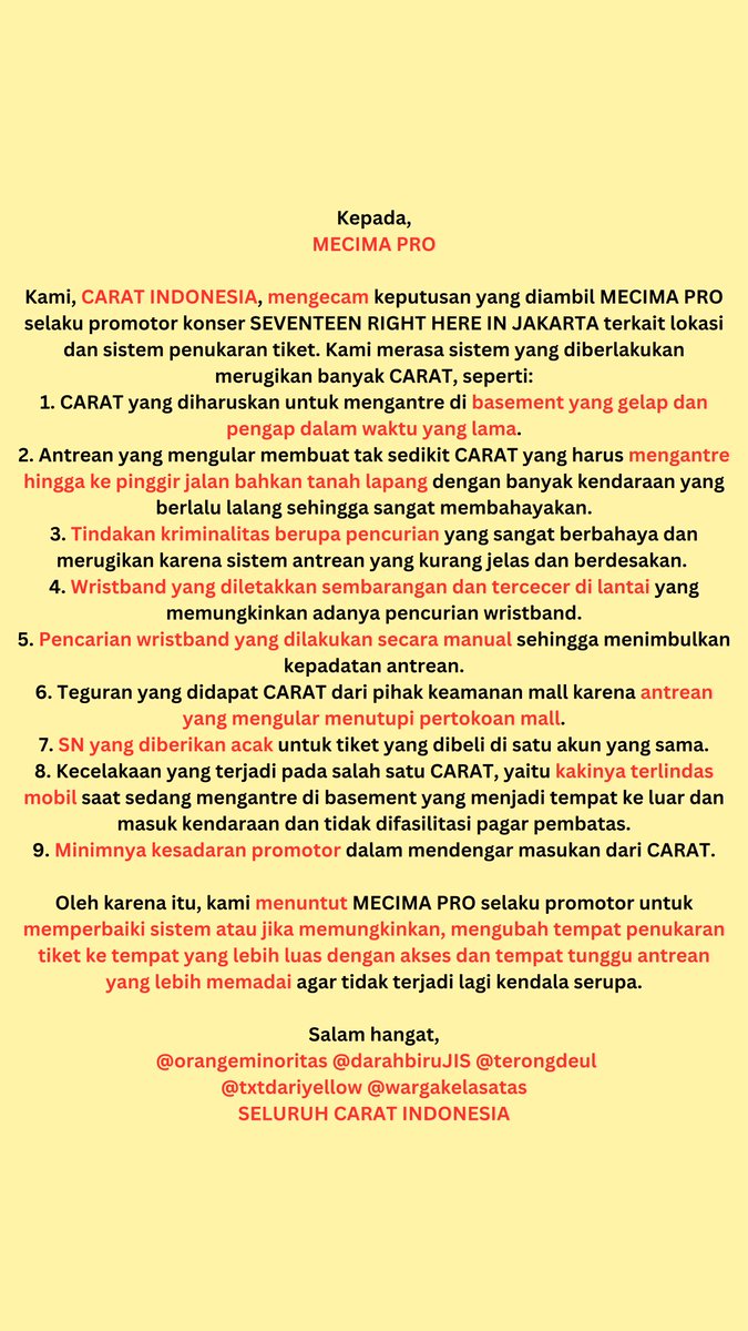 darahbiruJIS's tweet photo. [AKSI CARAT BERSUARA]

To @mecimapro

WE, INDONESIAN CARAT, DEMAND YOU TO RESPECT YOUR CUSTOMER AND BE A WISE PROMOTOR!

#Aksi_Carat_Bersuara
#MECIMA_WAKE_UP
#MECIMA_LISTEN_TO_US
#MECIMA_NOT_PROfessional
#JusticeForCarat https://t.co/bUNBq1hhkb