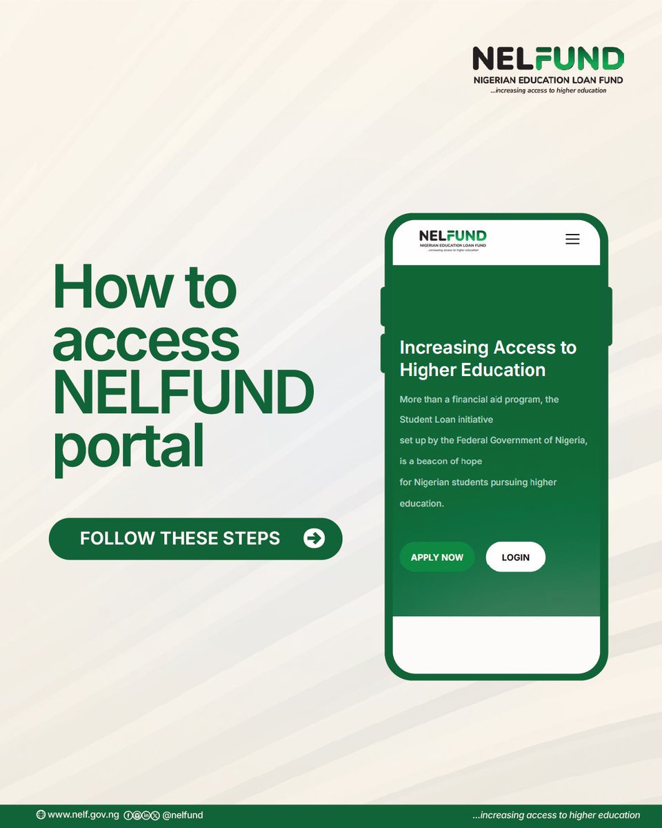 NELFUND's tweet photo. Need assistance with the NELFUND portal? Don't worry, we've got you covered! Here's are 5 easy steps to help you access the portal.
For further assistance, contact us at clientsupport@nelf.gov.ng or reach out to us on social media. 
#NELFUNDStudentLoan 1/2 https://t.co/SKjp8GSvQp