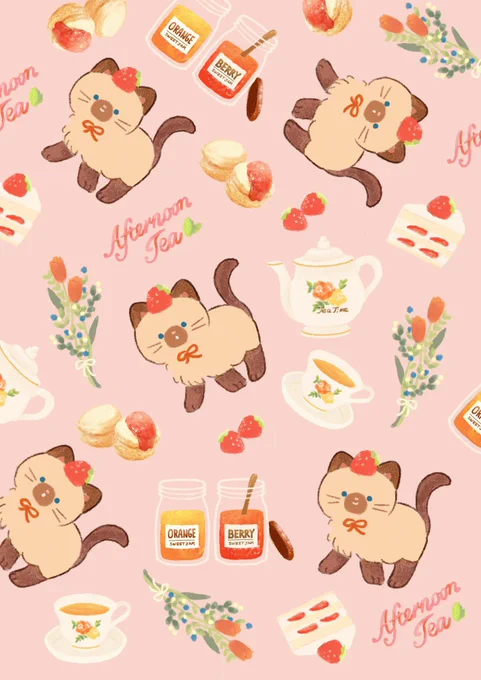 Afternoon Tea Time 甘いイチゴが大好きなシャム猫 #illustration #猫 #ほんわかイラスト