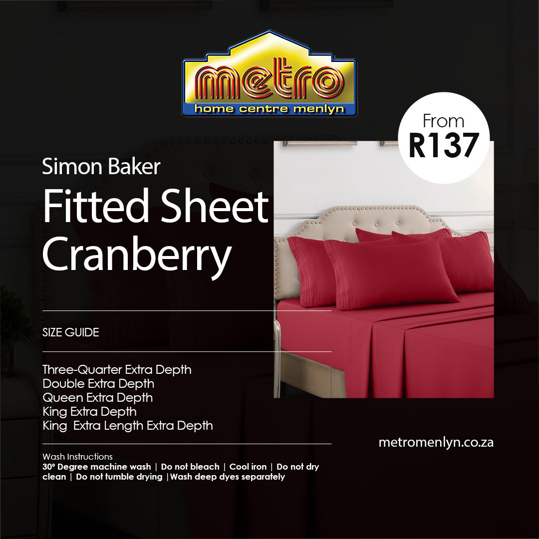 MMenlyn's tweet image. 🛒📷 Shop &amp;amp; Save! 📷📷 Upgrade your bedding with the Simon Baker Fitted Sheet – Cranberry 📷 Now at Metro Home Centre Menlyn!  
📷WhatsApp: +27 60 602 6974 
📷Email: Info@metromenlyn.co.za 📷metromenlyn.co.za/product/simon-…

-  #LuxurySheets #BeddingEssentials