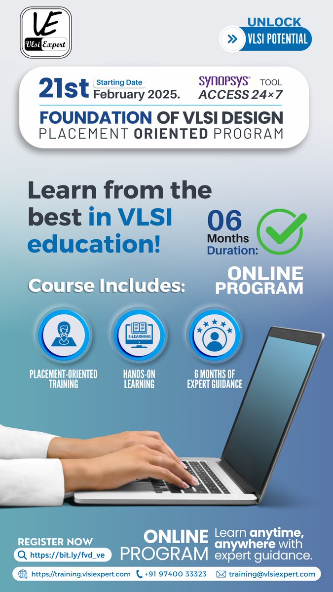 vlsi_expert's tweet image. 🎓 FVD- Placement Oriented Program Missed a class? No worries! Every session is recorded so you can catch up anytime, anywhere.
📅 Starts: 21st Feb 2025
💰 Fee:  ₹55,000/-
🛠️ 24x7 Synopsys Tool Access 
🔗 Register Now: bit.ly/fvd_ve
#VLSIExpert  #LearnVLSI #Online