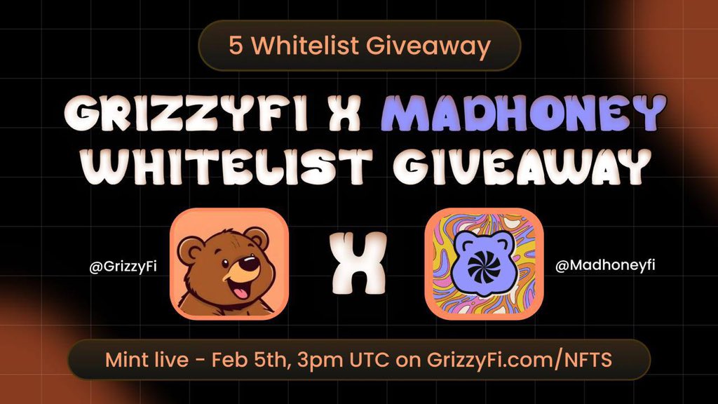 🔥 GrizzyFi x Mad Honey GIVEAWAY 🔥

🐻 1 GTD Grizzies NFT on X
🐻 more GTD spots in Discord

How to enter the X giveaway:
1️⃣ Follow <a href="/grizzyfi/">Grizzy Launchpad on BeraChain 🐻⛓️</a>   &amp; <a href="/Madhoneyfi/">Madhoney.fi</a>  
2️⃣ Like &amp; Retweet this post
3️⃣ Tag 2 friends and drop your wallet in the comments

Grizzies NFT = 🍯 $BERA airdrops,