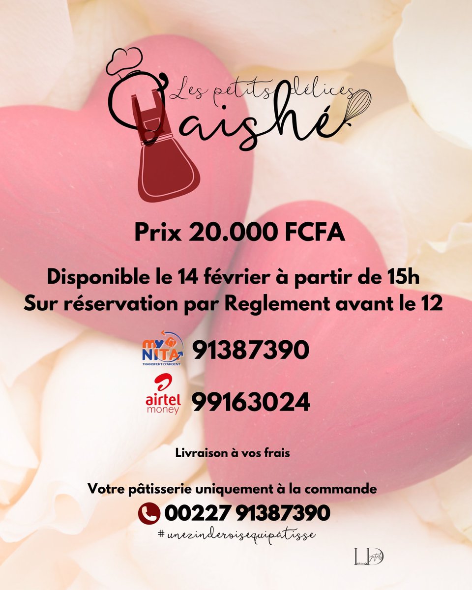 Hello

Coffret douceur pour dire je t’aime ♥️
🏷️ 20.000 FCFA 

Sur réservation par règlement avant le 12 ☺️

Disponible le 14 à partir de 15h 🫶🏽

Infoline ￼91 38 73 90

DANS LA LIMITE DE NOS COFFRETS PRÉVUS 🙏

#votrepatissiereamoureusedelamour
#unezinderoisequipâtisseetteam