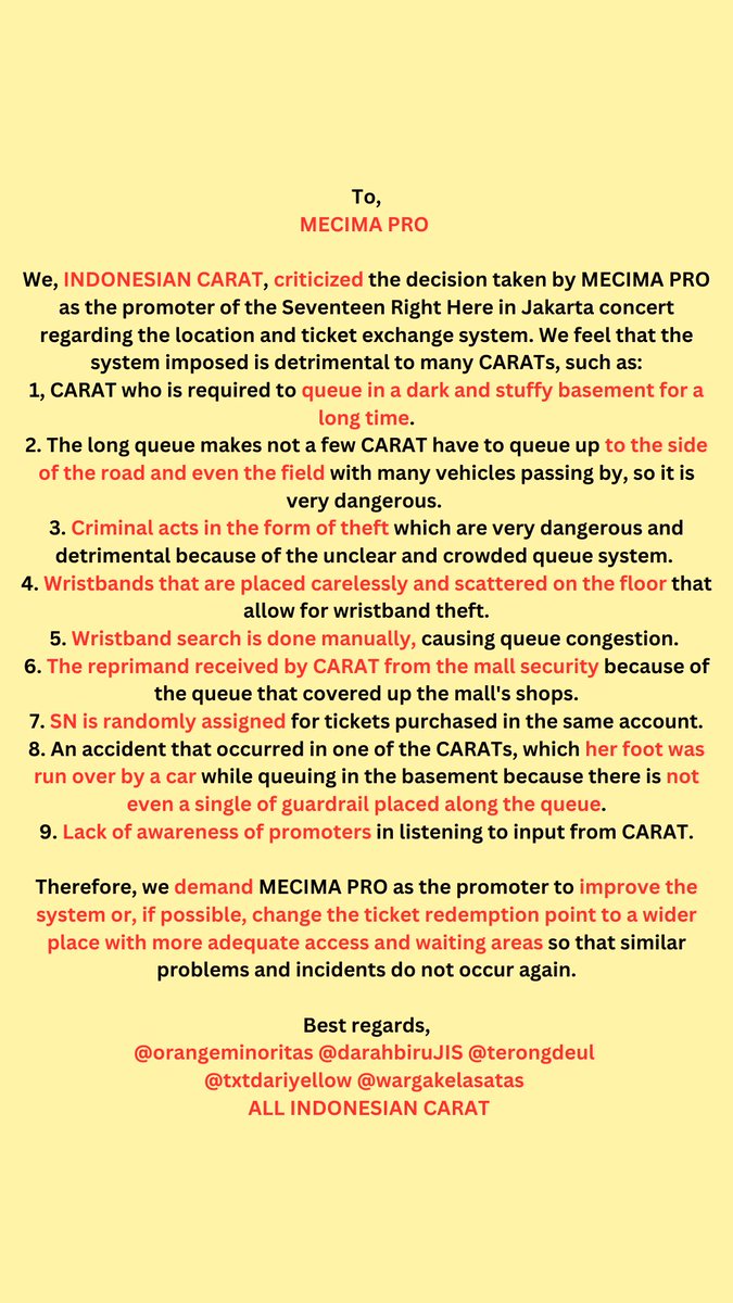 txtdariyellow's tweet photo. [AKSI CARAT BERSUARA]

To @mecimapro

WE, INDONESIAN CARAT, DEMAND YOU TO RESPECT YOUR CUSTOMER AND BE A WISE PROMOTOR!

#Aksi_Carat_Bersuara
#MECIMA_WAKE_UP
#MECIMA_LISTEN_TO_US
#MECIMA_NOT_PROfessional
#JusticeForCarat https://t.co/fKTJCFiRQN