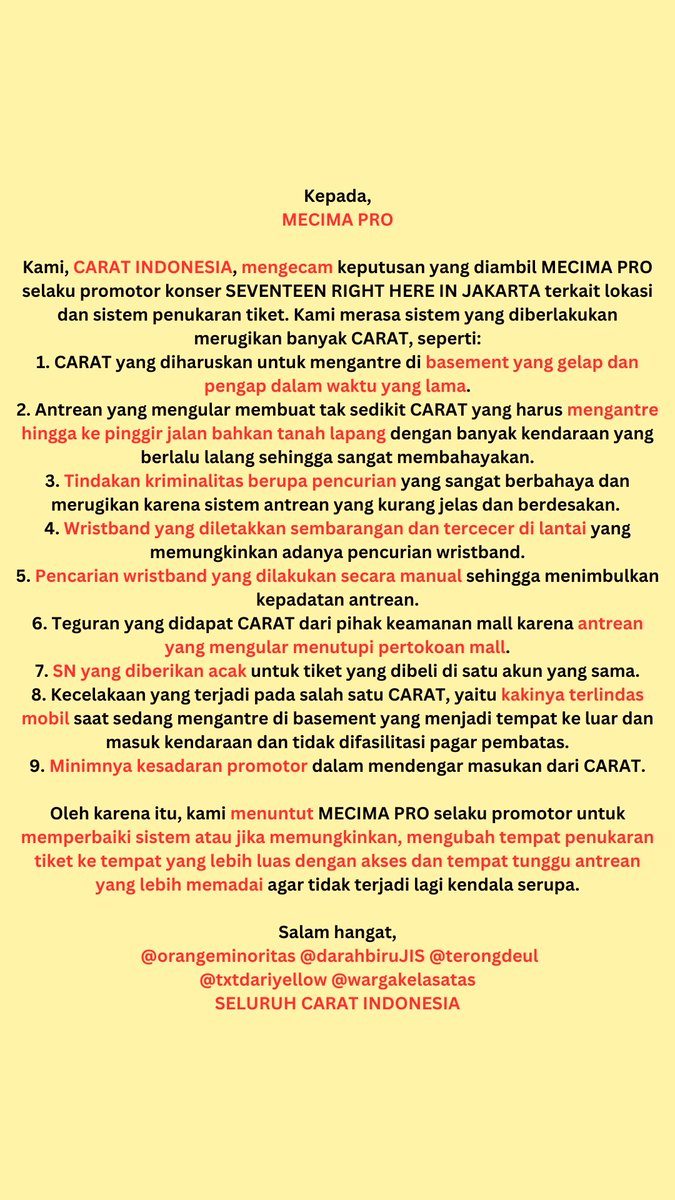 txtdariyellow's tweet photo. [AKSI CARAT BERSUARA]

To @mecimapro

WE, INDONESIAN CARAT, DEMAND YOU TO RESPECT YOUR CUSTOMER AND BE A WISE PROMOTOR!

#Aksi_Carat_Bersuara
#MECIMA_WAKE_UP
#MECIMA_LISTEN_TO_US
#MECIMA_NOT_PROfessional
#JusticeForCarat https://t.co/fKTJCFiRQN