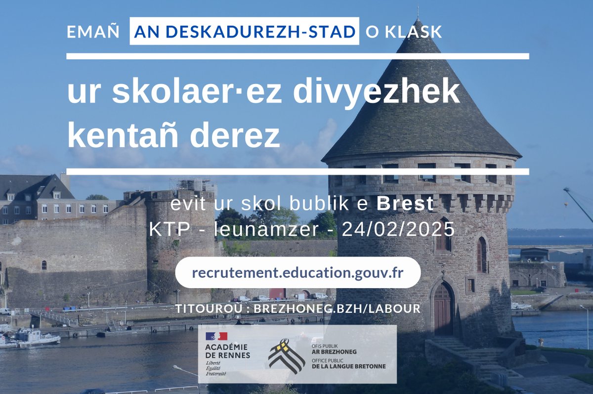 Emañ an Deskadurezh-Stad o klask ur skolaer pe skolaerez divyezhek evit ur skol bublik e Brest a-benn ar 24/02/25.
> Titouroù : brezhoneg.bzh/br/labour/kinn…

#labour #bzhg #brezhoneg #Brest