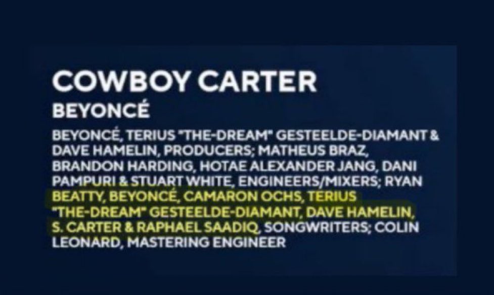 kaypatricktayo's tweet photo. CC only has 7 primary songwriters, the 52 contributors you’re referring to incl. interpolations &amp; samples (bc it celebrated country music history DUH)

AND maybe your favs need more collaborators bc none of Beyoncé’s studio albums went home EMPTY-HANDED #GRAMMYs 🤷🏻‍♂️ https://t.co/W4TAlf9pts