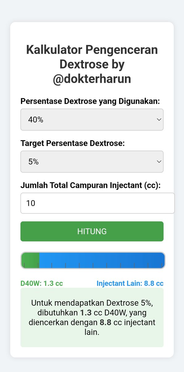 Iseng2 buat web application dengan bantuan AI dan google. Buat mempermudah otak sy aja biar gak banyak mikir.. hahaha..

[Aplikasi Kalkulator pengenceran dextrose. Untuk mempermudah pencampuran injektan Prolotherapy.]

…ator-pengenceran-dextrose.netlify.app