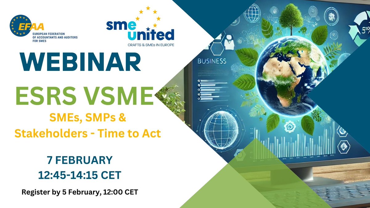 ⏳ Last chance to register!
📅 7 Feb | 12:45 - 14:15 CET, experts from #EFAAforSMEs <a href="/SMEunited/">SMEunited</a> #EFRAG #DGFISMA &amp; <a href="/WSBI_ESBG/">WSBI-ESBG</a>  will share insights on the ESRS #VSME
📢 Don't miss this opportunity to stay ahead in #SustainabilityReporting
🔗 Register now: efaa.com/events/efaa-fo…