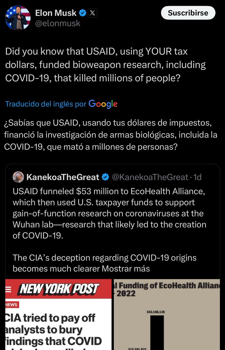 agustinromm's tweet photo. Elon Musk acaba de confirmar que el coronavirus fue creado en China con guita que mandaron los democratas. Cuando nosotros, los que ganamos las elecciones, deciamos esto en 2020 todo el mundo nos decia locos de mierda. Prohibido olvidar que sin el coronavirus y el voto por correo, Joe Biden nunca le hubiera ganado a Donald Trump las elecciones, la guerra de Rusia y Ucrania nunca hubiera ocurrido, el actual desastre que hay en medio oriente seguiría en paz como lo había dejado Trump, China no hubiera avanzado contra todo el mundo libre y tantas cosas más. Esto no puede quedar impune. Tampoco podemos olvidar que Joe Biden indultó a Anthony Fauci, principal ideólogo y responsable del coronavirus, las cuarentenas y las vacunas, horas antes de dejar la Casa Blanca. Me encanta poder decir que nunca me comi este cuento, que siempre dije la verdad, no importa cuanto tarado me putee, que nunca respete la cuarentena y que les salio para el orto, porque los seres humanos recuperamos la noción de lo que es ser libres, y lo fácil que es para un político sacarte la libertad si el Estado que manejan es gigante. Por eso nos votaron para destruirlo.

La Libertad Avanza.
