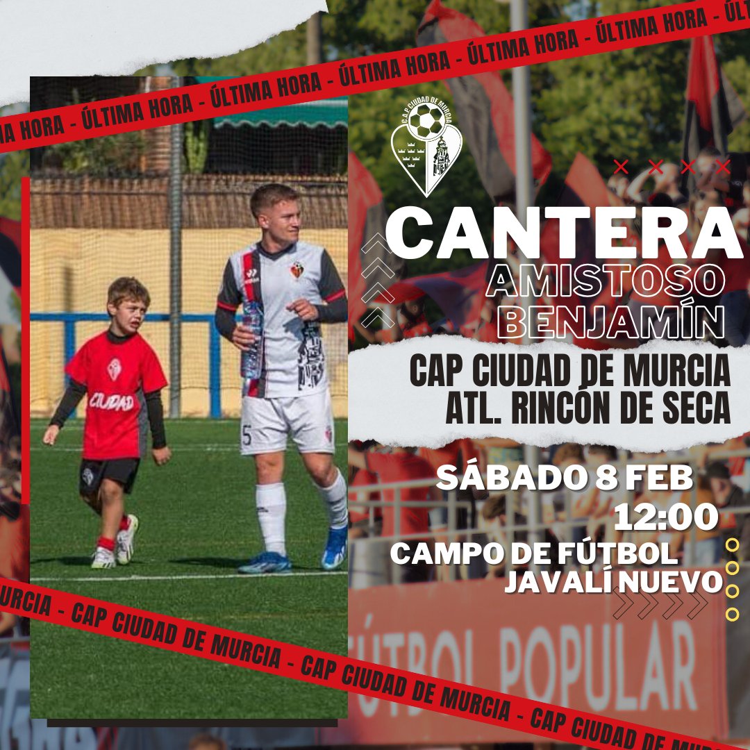 ⚽ AMISTOSO 
🆚 CAP Ciudad de Murcia - Atlético Rincón de Seca
🗓 Sábado, 8 de febrero
🕐12:00h
🏟 Javalí Nuevo