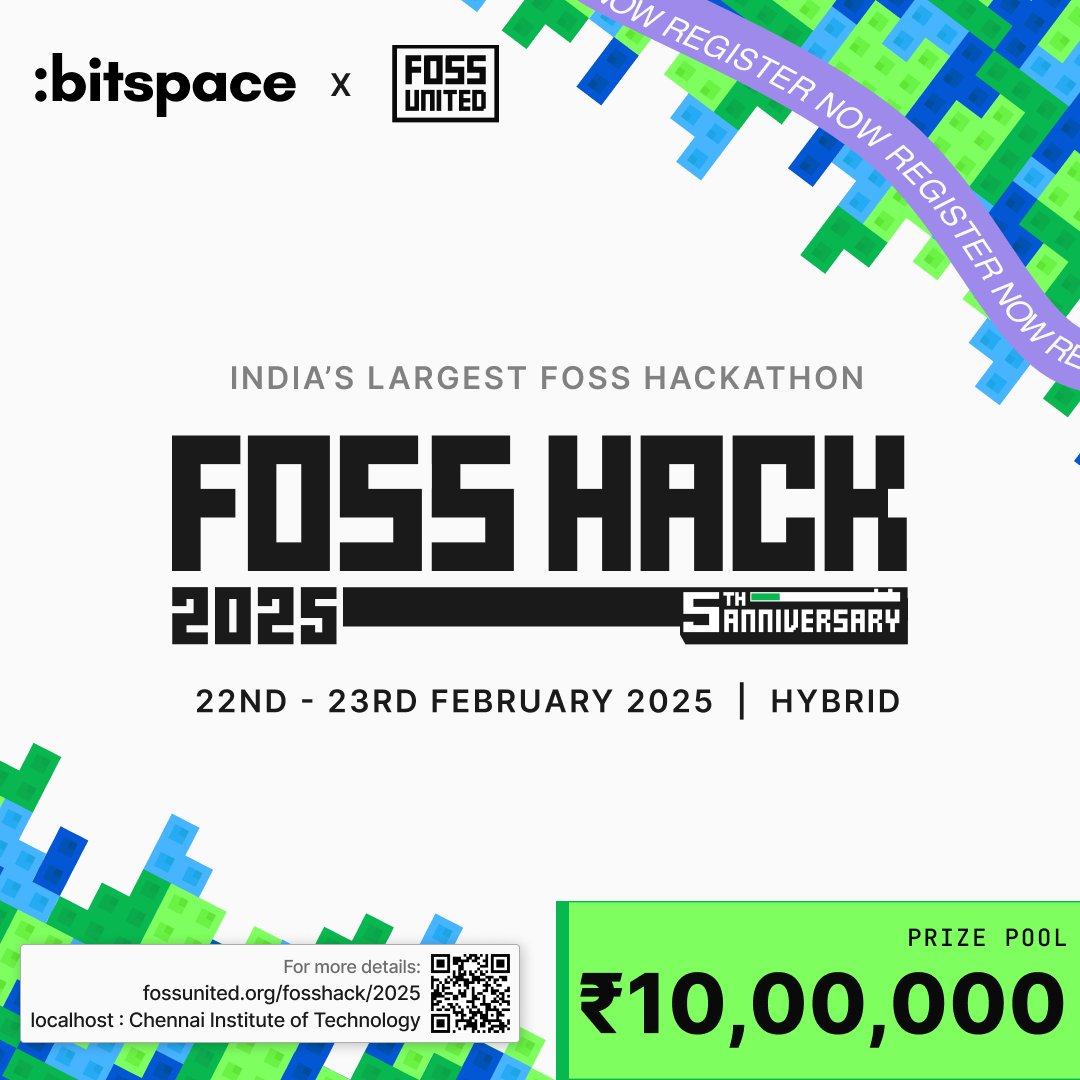 bitspaceorg's tweet photo. Ever pulled an all-nighter for code? 🌙💻 Now do it with an entire community! FOSSHACK 2025 is bringing 36 hours of open-source madness, epic collabs, and a ₹10 Lakh prize pool. Join us in person at localhost or hack from anywhere! 🚀

Register Now : https://t.co/TytBHsvsxL https://t.co/r5f5t2tfXR