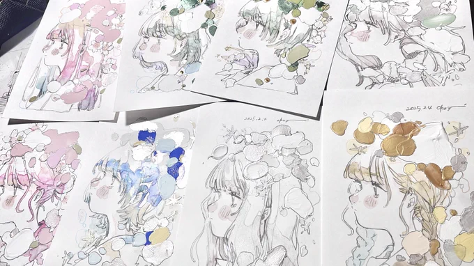 1週間後の原宿個展に向けて、今日はドローイングを8枚描きましたᝰ✍︎
#オカユウリ個展 