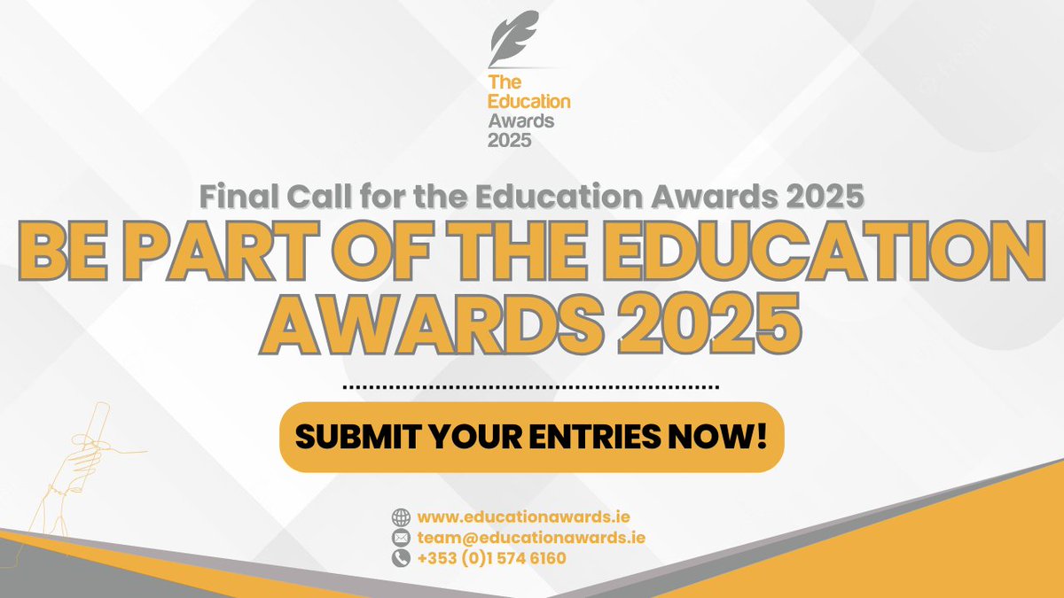 Final call! The Education Awards 2025 submission deadline is this Wednesday, 5th February, at 5pm. Will your organisation be part of this year’s celebration of excellence?

Need help? Download the Winners Toolkit and submit today: landing.educationawards.ie/Education-Awar…

#EducationAwardsIRL