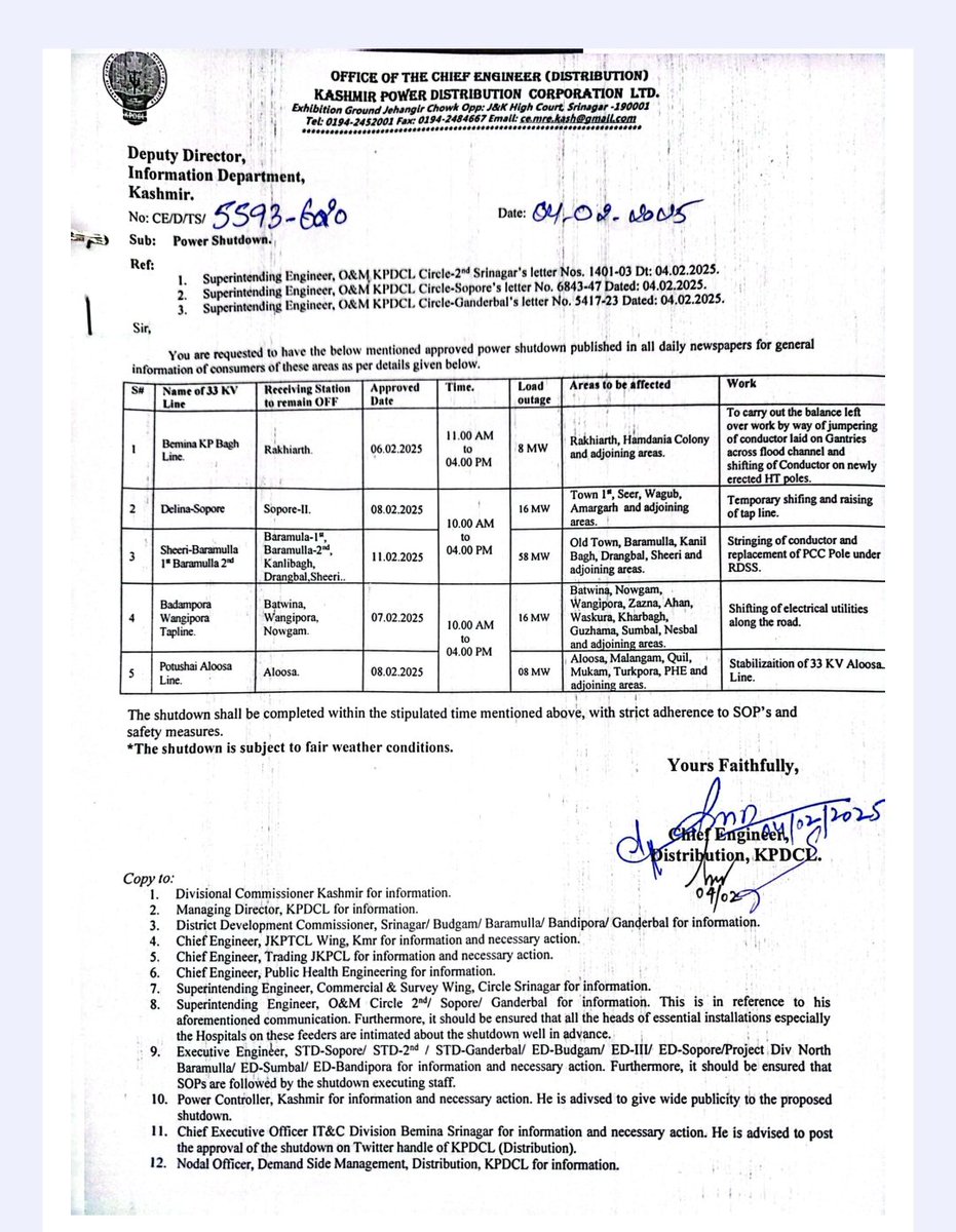 kpdcloffice's tweet photo. Power Shutdown of 33KV lines as per given schedule👇 
Areas to be affected may kindly note .
Inconvenience caused is highly regretted.
 #PowerOutage #ScheduledWorks

@diprjk @OfficeOfLGJandK @nasirsogami @cekpdcl @GreaterKashmir @RisingKashmir https://t.co/ZDFPw7shAp