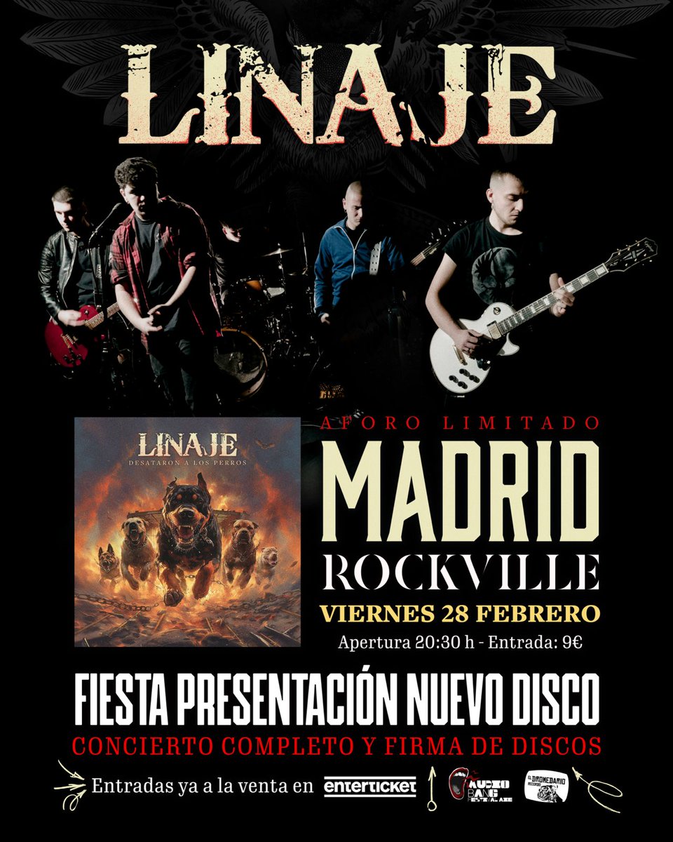 A las buenas peña! El mismo día que sale el disco, viernes 28 de febrero, estaremos tocando en Madrid. 

Haremos un concierto muy especial: una gran fiesta de presentación, firma de discos y bien de jaleo: enterticket.es/eventos/linaje…

Os esperamos para disfrutar mano a mano.

Salud.