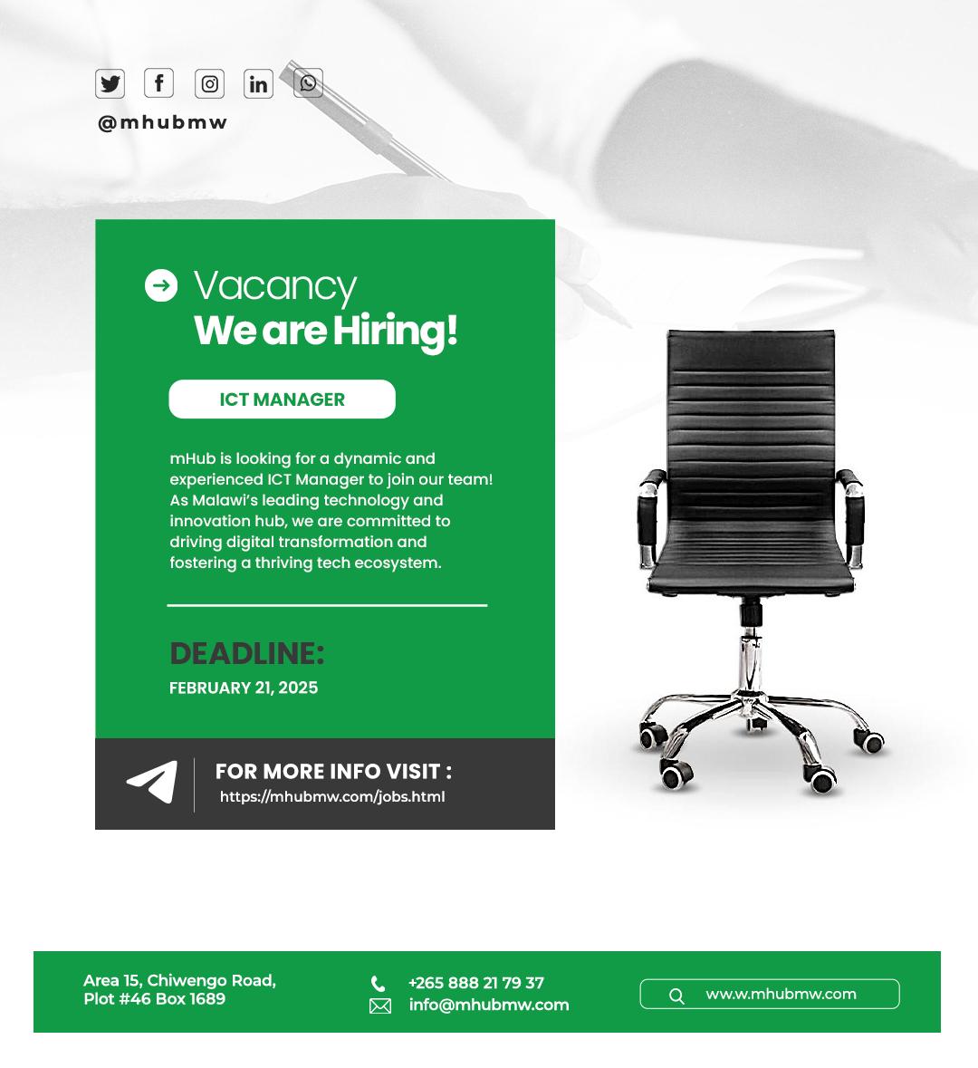 mHubMW's tweet image. We are Hiring! 

mHub is looking for an experienced ICT Manager to join our team in Lilongwe, Malawi!

Apply now: mhubmw.com/jobs.html

#Hiring #ICTManager #TechJobs #mHubMalawi