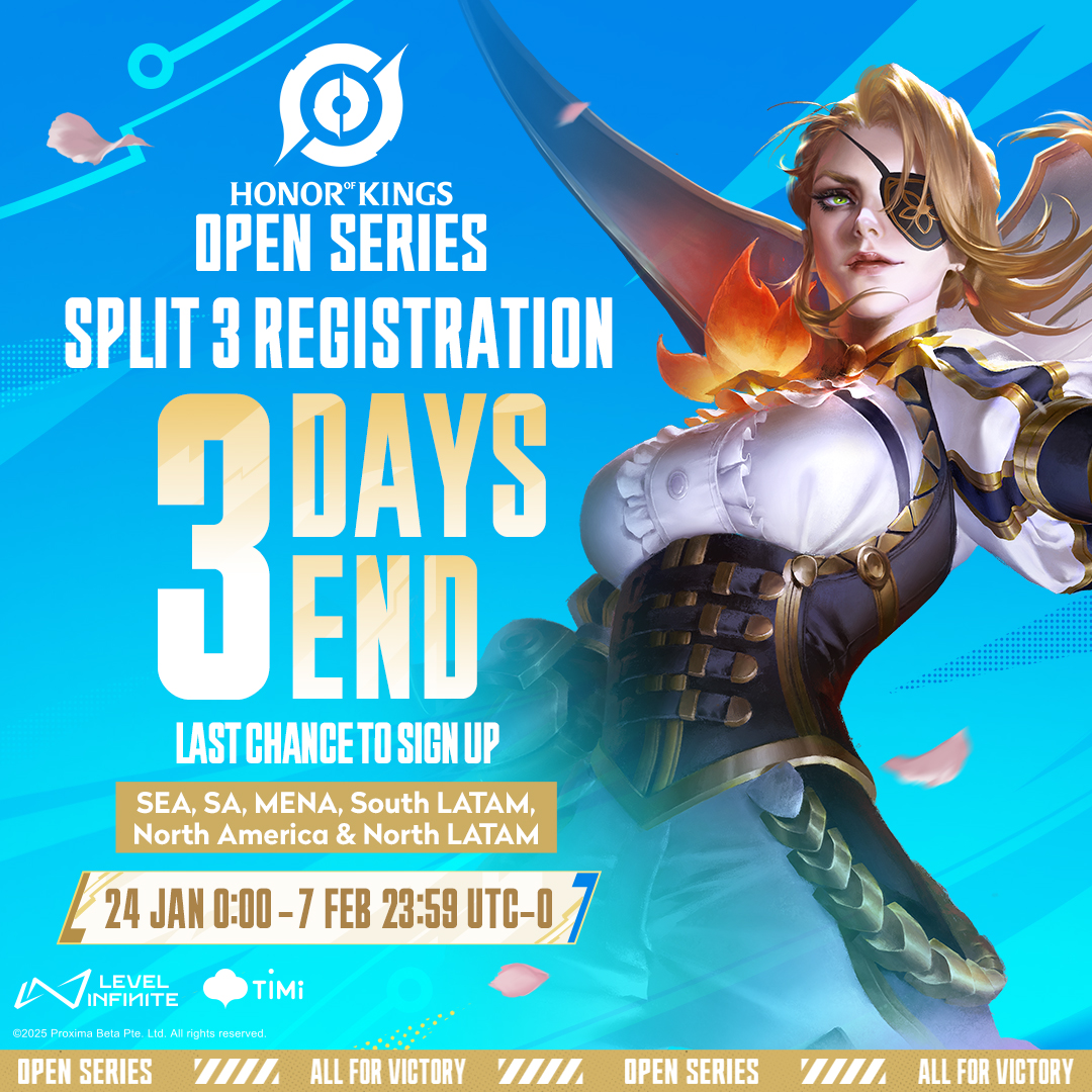 📢 Don’t miss your chance to sign up and compete in SEA, SA, MENA, South LATAM, North America, &amp; North LATAM. 
 
🎮 Join now, fight for rewards, and start your esports dream!
🗓 Registration closes: 7 Feb 23:59 UTC-0

Play Honor of Kings now!
🔗 HoKesports.com/global

#OPENS3