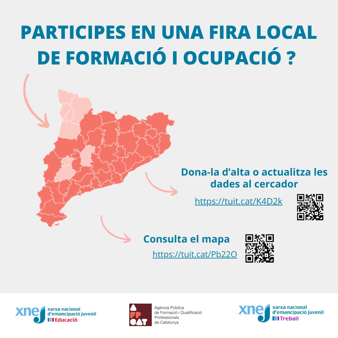 joventutcat's tweet photo. Ets professional de joventut i participes en l'organització d'alguna fira local de formació i ocupació en el teu territori? Gestiona-la al cercador @FPCAT: https://t.co/mYaMbC9lii i consulta el mapa de totes les que es fan a Catalunya https://t.co/ks1sTI6LpG
@xarxa_xnej #XNEJ https://t.co/CTp7ZyiAX2