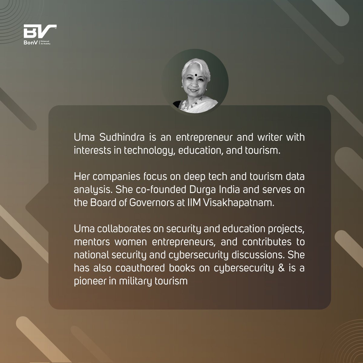 BONVCommunicat1's tweet image. Excited to introduce Uma Sudhindra, an expert in deep tech, cybersecurity, and military tourism, as part of our workshop.

Join us on 5th Feb 2025 for cutting-edge insights!

#bonvaero #aerialmobility #workshop #IndianArmy #dronetechnology