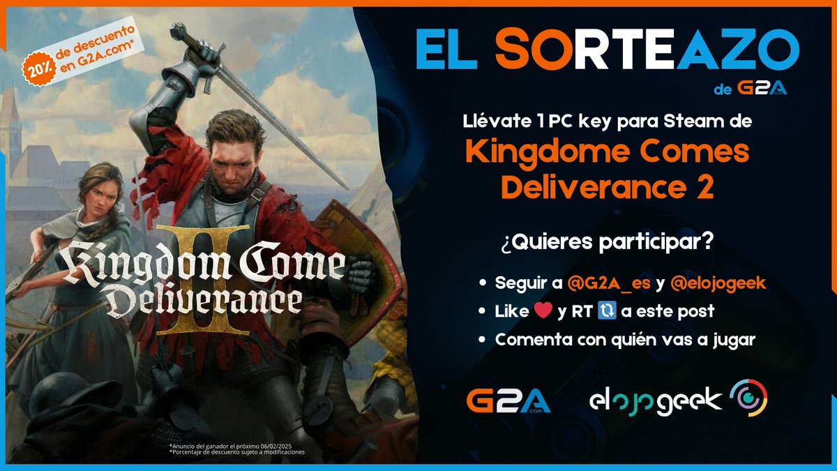 ElOjoGeek's tweet photo. ⚔️ SORTEAZO MEDIEVAL! ⚔️

Participa y llévate una 🔑 para Steam de #KingdomComeDeliverance2  

Requisitos:
- Seguir a @G2A_ES y @ElOjoGeek 
 
- Suelta ❤️ y 🔃 a este post
- Comenta con quién vas a pasear por Kuttenberg

Leeet´s goo! 🎮 https://t.co/hlRUZcaIVQ