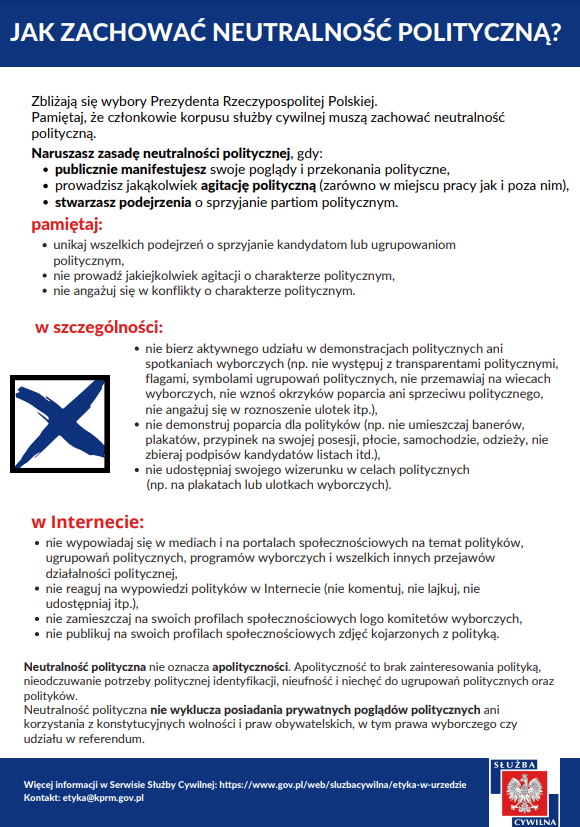 Dep. Służby Cywilnej wydał wytyczne, jak zachować zasadę neutralności politycznej w kontekście zbliżających się wyborów prezydenckich.

Oj, przydałoby się dotrzeć z tym do wielu osób na stanowiskach dyrektorskich i nie tylko... #służbacywilna🇵🇱
Źródło: gov.pl/web/sluzbacywi…