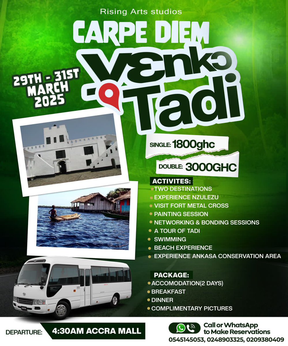 Join Carpe Diem on our 3-day adventure trip to interesting sites in the Western Region for best memories.Y3nk) Tadi…)rek)do!
Call or WhatsApp the following numbers to make further enquiries or make reservations 
0545145053, 0248903325, 0209380409, 0200219621 #nzulezu
#visitghana