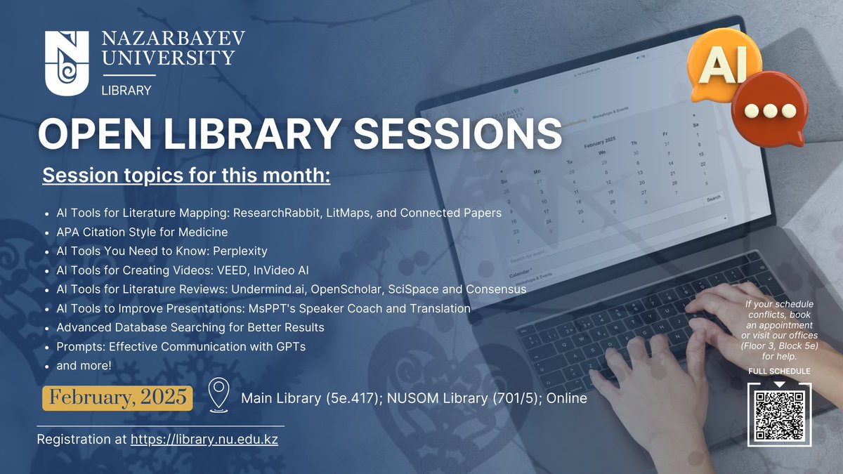 NU_Library_NU's tweet image. 🚀📚🗓️Get ahead in your studies with expert-led library sessions! Register now: nu-kz.libcal.com/calendar/works…
#NULibrary #ResearchSkills #EngineeringResearch #NURepository #Scival #AcademicExcellence #StudentSuccess