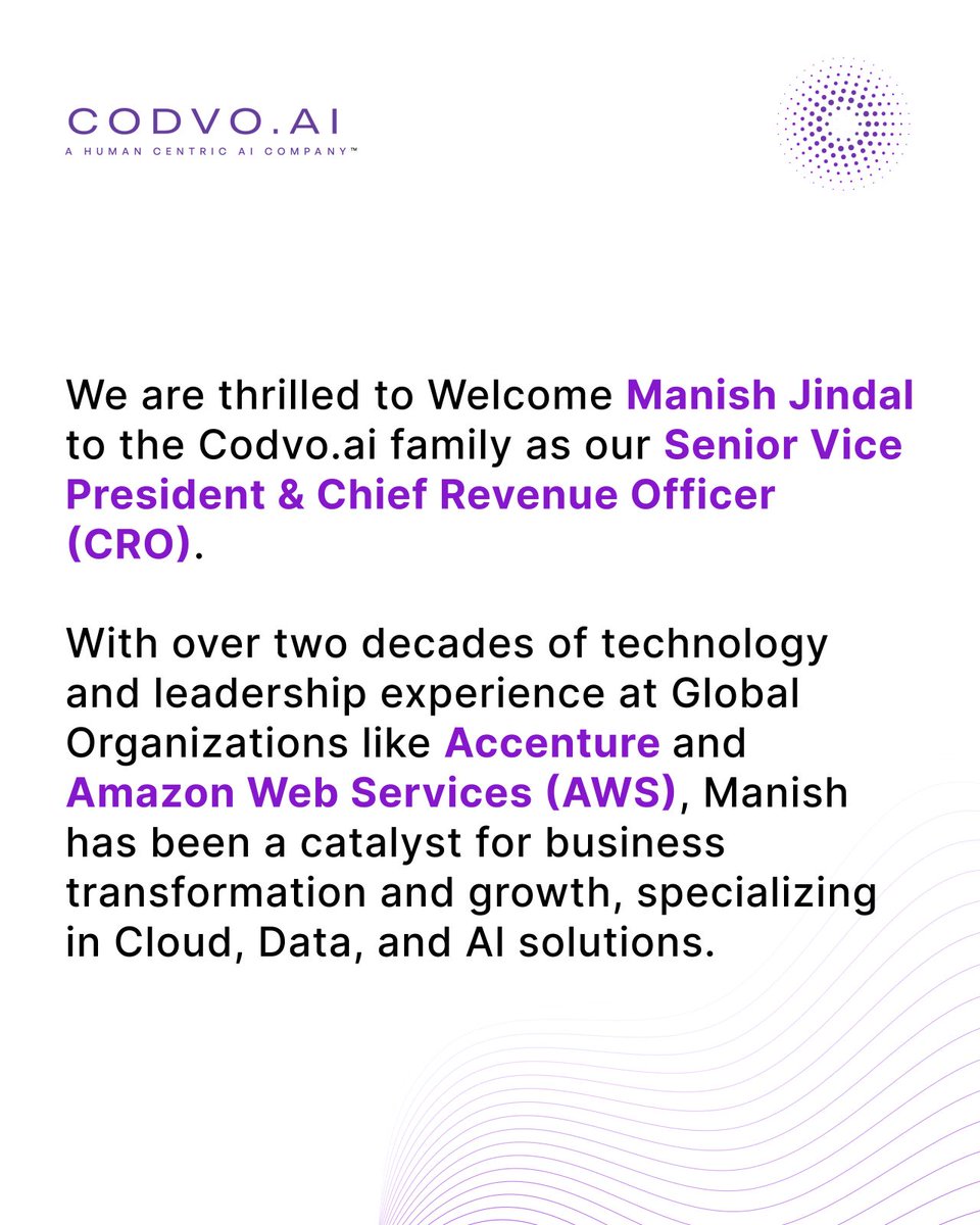 Codvo2's tweet photo. We welcome Manish Jindal as SVP &amp; CRO at https://t.co/UydXvzUhTI! 
With an impressive track record spanning Accenture and AWS, Manish brings extensive expertise in AI, cloud computing, automation, and digital transformation.

#Codvo #LifeAtCodvo #WelcomeToTheFuture #AI https://t.co/lweZj3co7x