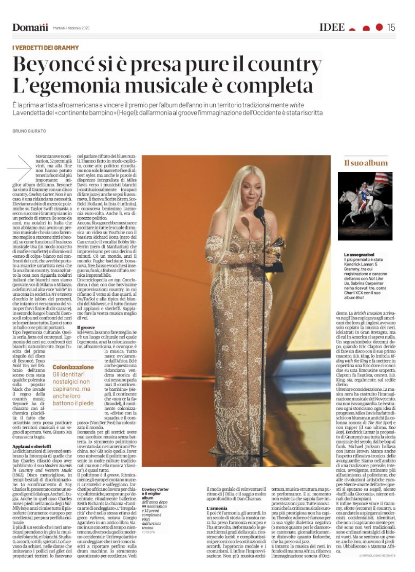 BGiurato's tweet photo. Ci piace? Non ci piace? L'Africa è un secolo che nella musica ha vinto tutto. Che l'Afroamerica si prenda il Grammy con un disco country di Beyoncé è il minimo. E anche un delizioso atto di bulllismo storico nei confronti dei bianchi. Ne scrivo oggi, su @DomaniGiornale #egemonia https://t.co/RzYsjRcVQv
