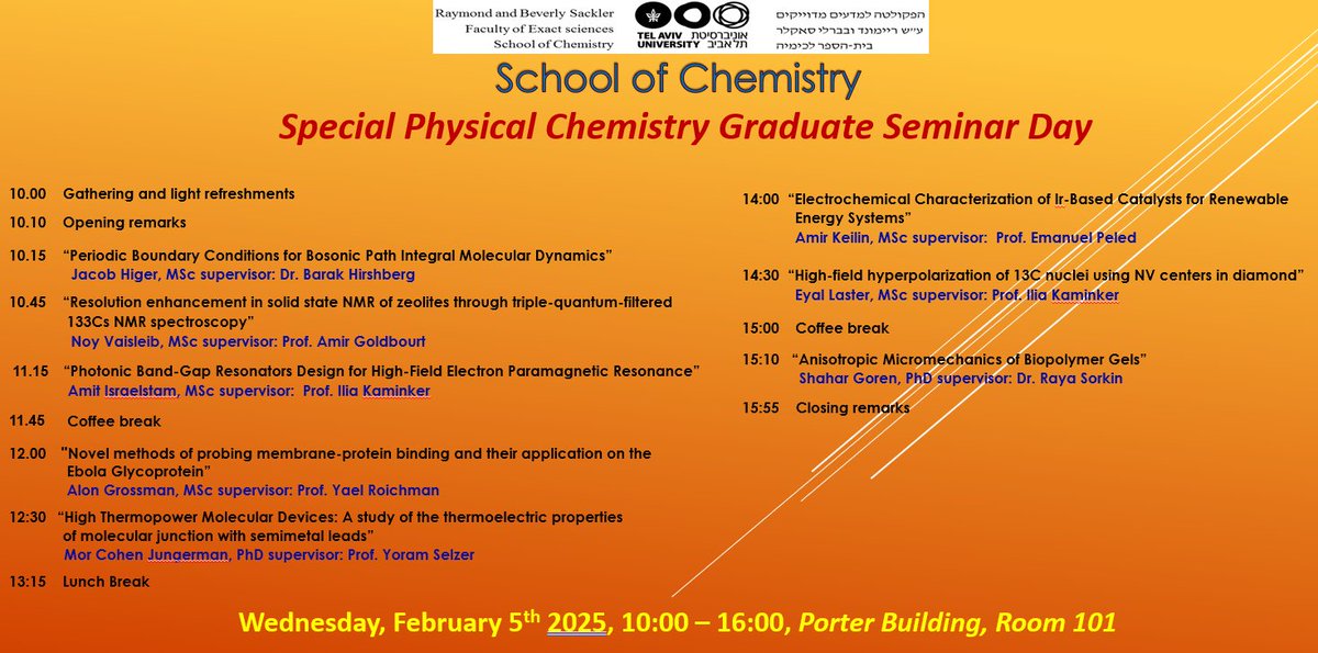 יום סמינרי סיום של תלמידי תואר שני ושלישי בביה"ס לכימיה - יום רביעי 5.2.25 - יוצגו נושאים מגוונים בכימיה פיזיקלית: