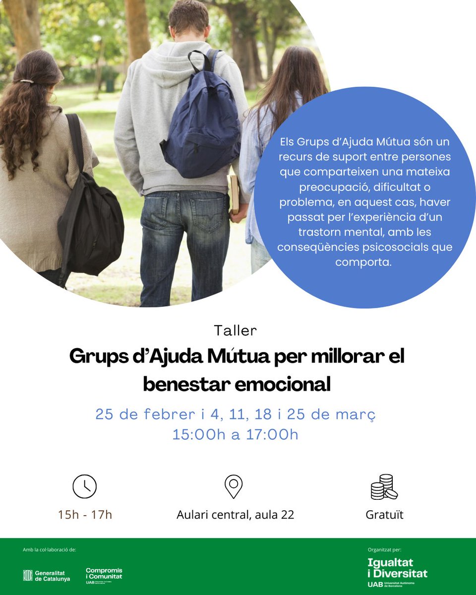 Servei d'Igualtat i Diversitat de la UAB (@igualtat_uab) on Twitter photo 🟣Taller: Grups d'Ajuda Mútua per millorar el benestar emocional🟣
🗓️El 18 de febrer es farà la sessió informativa per a aquelles que estiguin interessades en participar al nou taller! Més info a: uab.cat/ca/igualtat-di…
#UAB #grupsajudamutua #igualtat 🟣Taller: Grups d'Ajuda Mútua per millorar el benestar emocional🟣
🗓️El 18 de febrer es farà la sessió informativa per a aquelles que estiguin interessades en participar al nou taller! Més info a: uab.cat/ca/igualtat-di…
#UAB #grupsajudamutua #igualtat