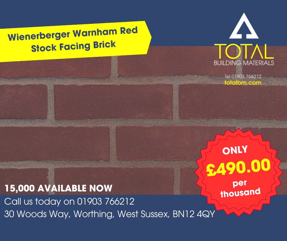 Building something great? Start with our unbeatable offer on our Warnham Red Stock Facing Bricks. We have 15,000 available now at an unbeatable £490.00 per thousand. Call us on 01903 766212, email sales@totalbuildingmaterials.com or WhatsApp us on 07709 143537 today!