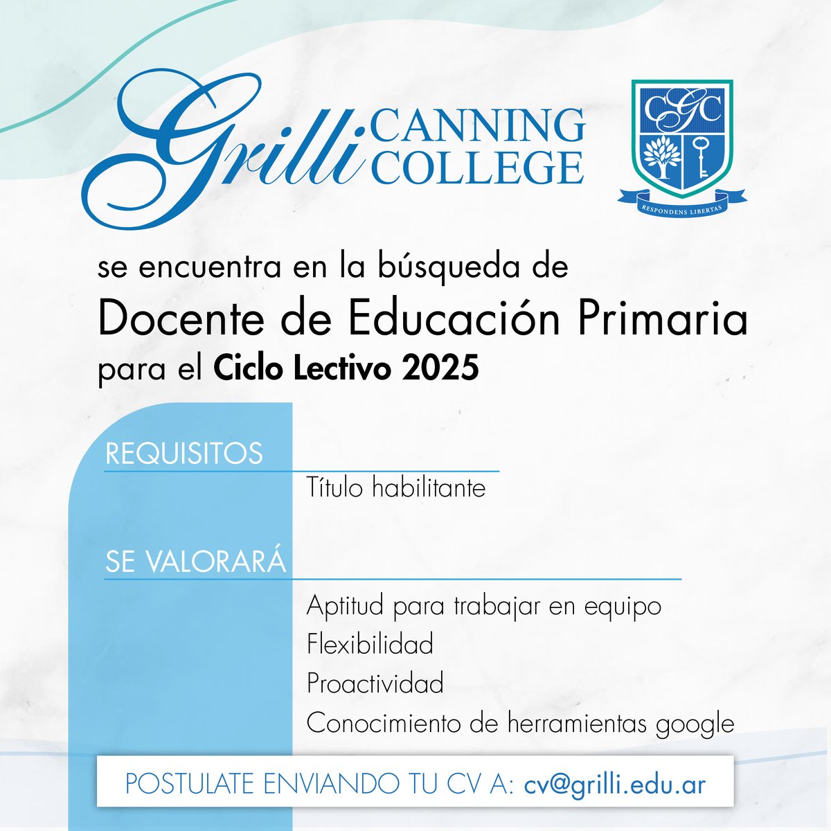 Grilli Canning College se encuentra en la búsqueda de Docente de Educación Primaria

REQUISITO
• Título habilitante

SE VALORARÁ
• Aptitud para trabajar en equipo
• Flexibilidad
• Proactividad
• Conocimiento de herramientas google

Postulaciones a
cv@grilli.edu.ar