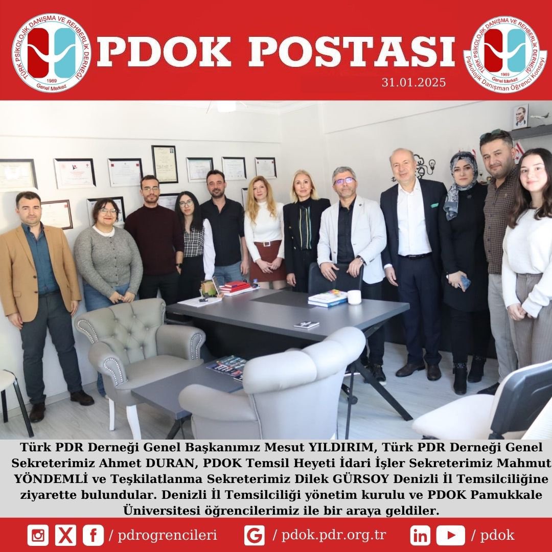Türk PDR Derneği Genel Başkanımız Mesut YILDIRIM, Türk PDR Derneği Genel Sekreterimiz Ahmet DURAN, PDOK Temsil Heyeti İdari İşler Sekreteri Mahmut YÖNDEMLİ ve Teşkilatlanma Sekreteri Dilek GÜRSOY Denizli İl Temsilciliğine ziyarette bulundular.

<a href="/turkpdrdernegi/">Türk PDR Der- Psikolojik Danışma ve Rehberlik</a> 
<a href="/pdrogrencileri/">PDOK</a>