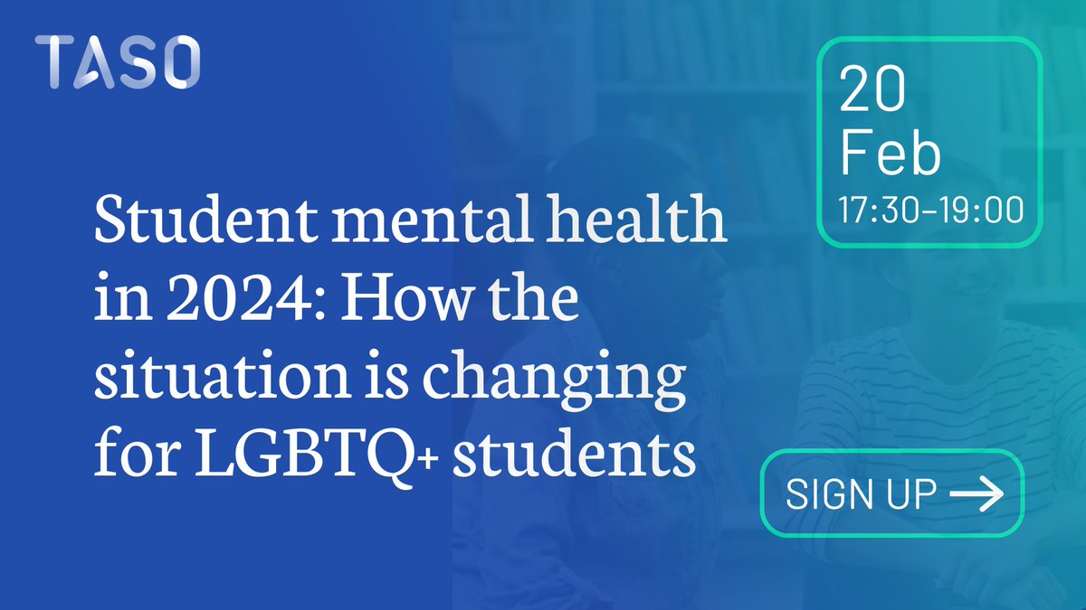 TASO (@taso_he) on Twitter photo Join us on 20 Feb (18:00–19:30) for the launch of 'Student mental health in 2024: How the situation is changing for LGBTQ+ students', a new report by <a href="/mike_t_sanders/">Michael Sanders</a> & <a href="/JuliaEllingwood/">Julia Ellingwood</a> exploring LGBTQ+ student mental health & implications for higher ed.
Find out more and Join us on 20 Feb (18:00–19:30) for the launch of 'Student mental health in 2024: How the situation is changing for LGBTQ+ students', a new report by <a href="/mike_t_sanders/">Michael Sanders</a> & <a href="/JuliaEllingwood/">Julia Ellingwood</a> exploring LGBTQ+ student mental health & implications for higher ed.
Find out more and