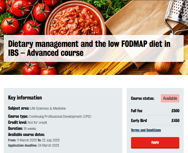 FODMAPsKCL (@fodmapskcl) on Twitter photo Last month to apply to the next Advanced #FODMAPs & #IBS course <a href="/KingsCollegeLon/">King's College London</a>
📅 11 March - 22 July 2025
shorturl.at/2zbch
🎖️Taught by world experts
🌐100% online
💻Live interactive sessions
⏳38 CPD hours
🏆Certificate of attendance Last month to apply to the next Advanced #FODMAPs & #IBS course <a href="/KingsCollegeLon/">King's College London</a>
📅 11 March - 22 July 2025
shorturl.at/2zbch
🎖️Taught by world experts
🌐100% online
💻Live interactive sessions
⏳38 CPD hours
🏆Certificate of attendance